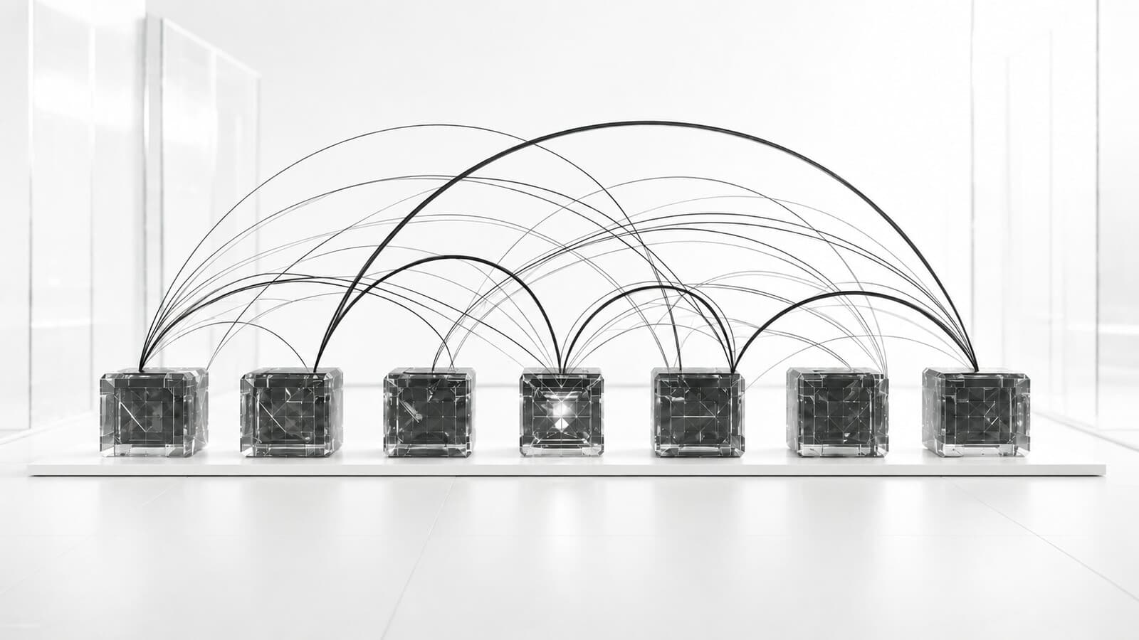 Seven glass nodes joined by dark attention arcs in a luminous room